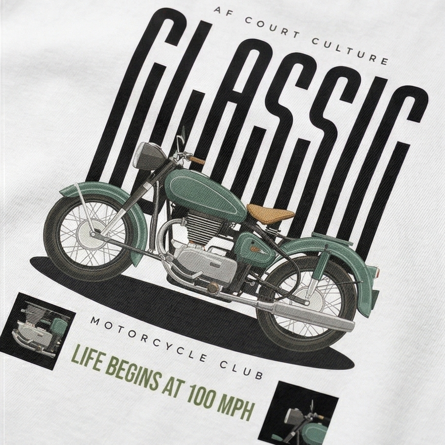 T-shirt with a vintage motorcycle graphic and text on a white background