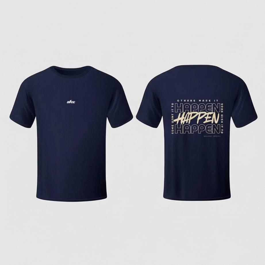 Navy blue t-shirt with text on front and back on a light gray background