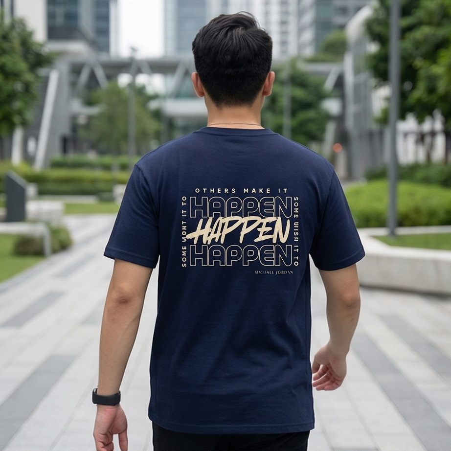 Person wearing a navy blue t-shirt with text on the back, standing in an urban setting.