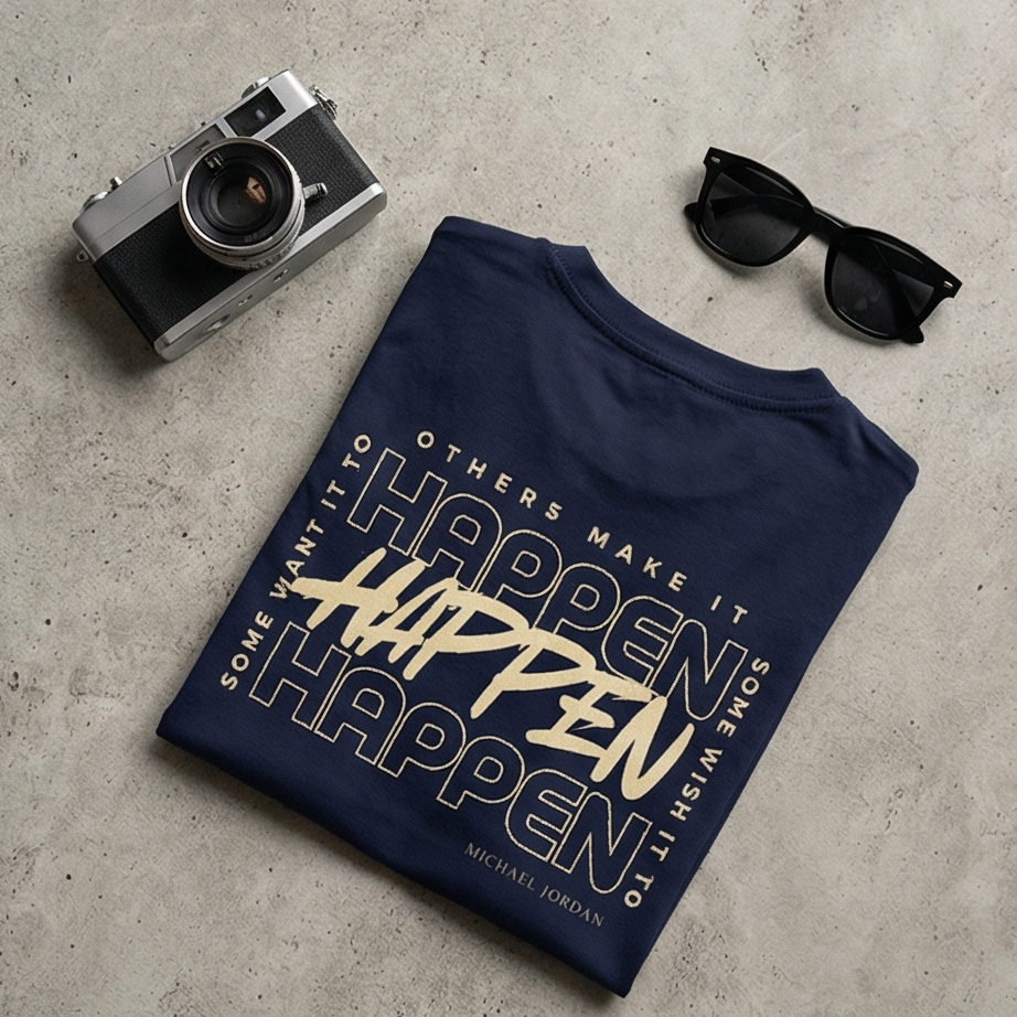Navy blue t-shirt with motivational quote, camera, and sunglasses on a concrete surface