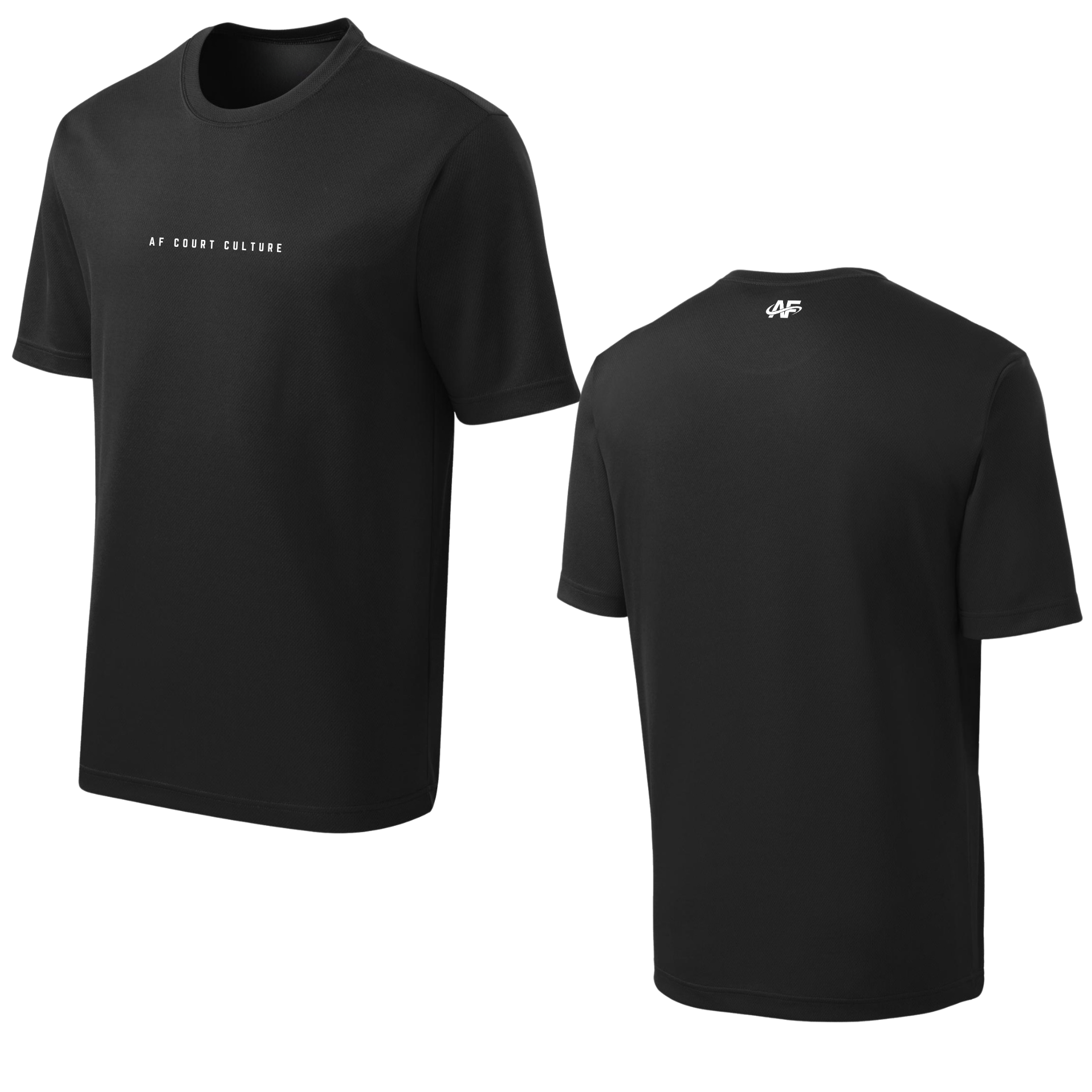 Black t-shirt with white text and logos on a white background