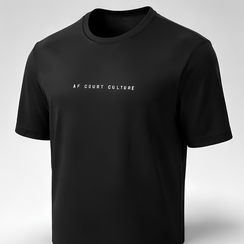 Black t-shirt with 'AF COURT CULTURE' text on a gray background