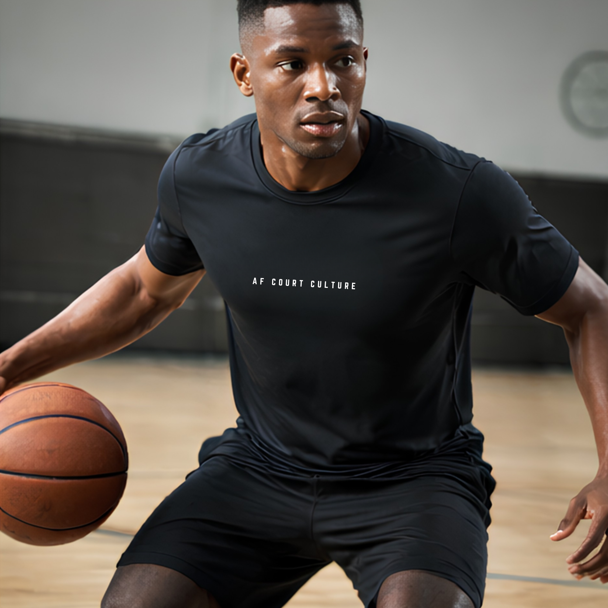 Man in black athletic wear with 'AF Court Culture' text holding a basketball on a court.