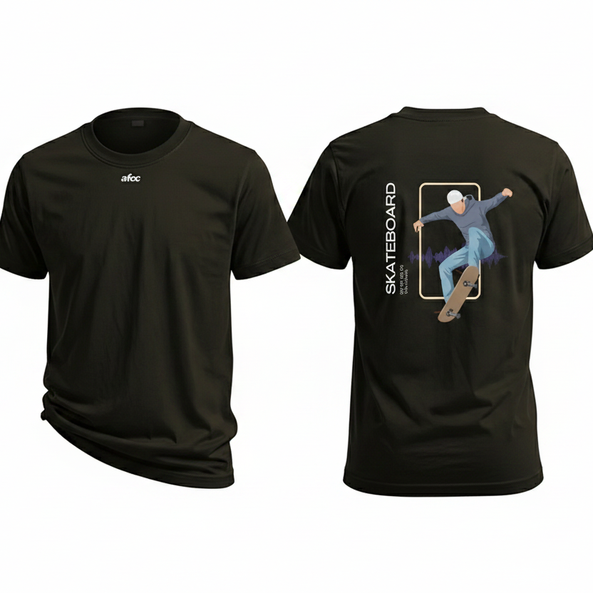 Black t-shirt with skateboard graphic on the back, displayed from front and back views.