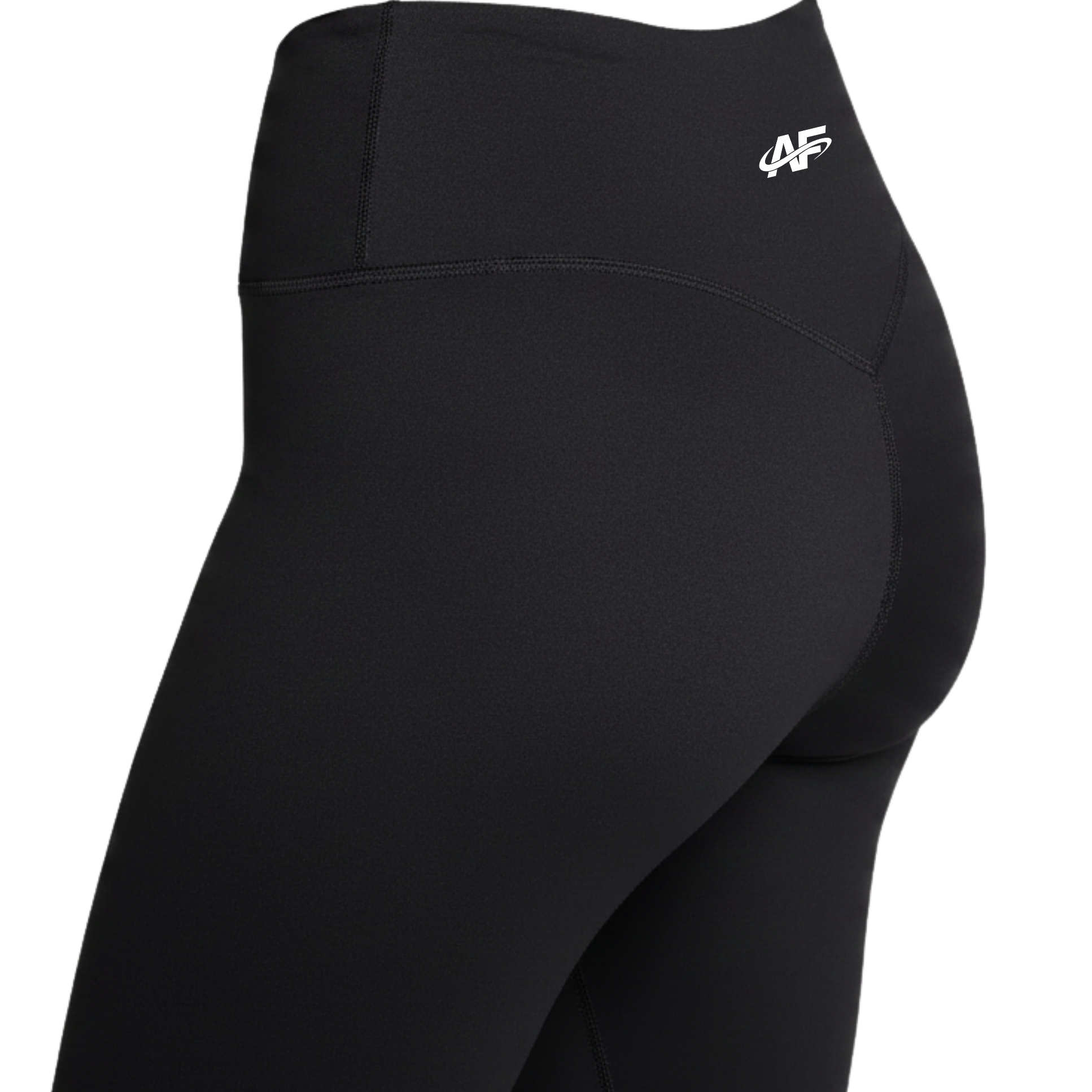 Black leggings with a logo on the waistband against a white background