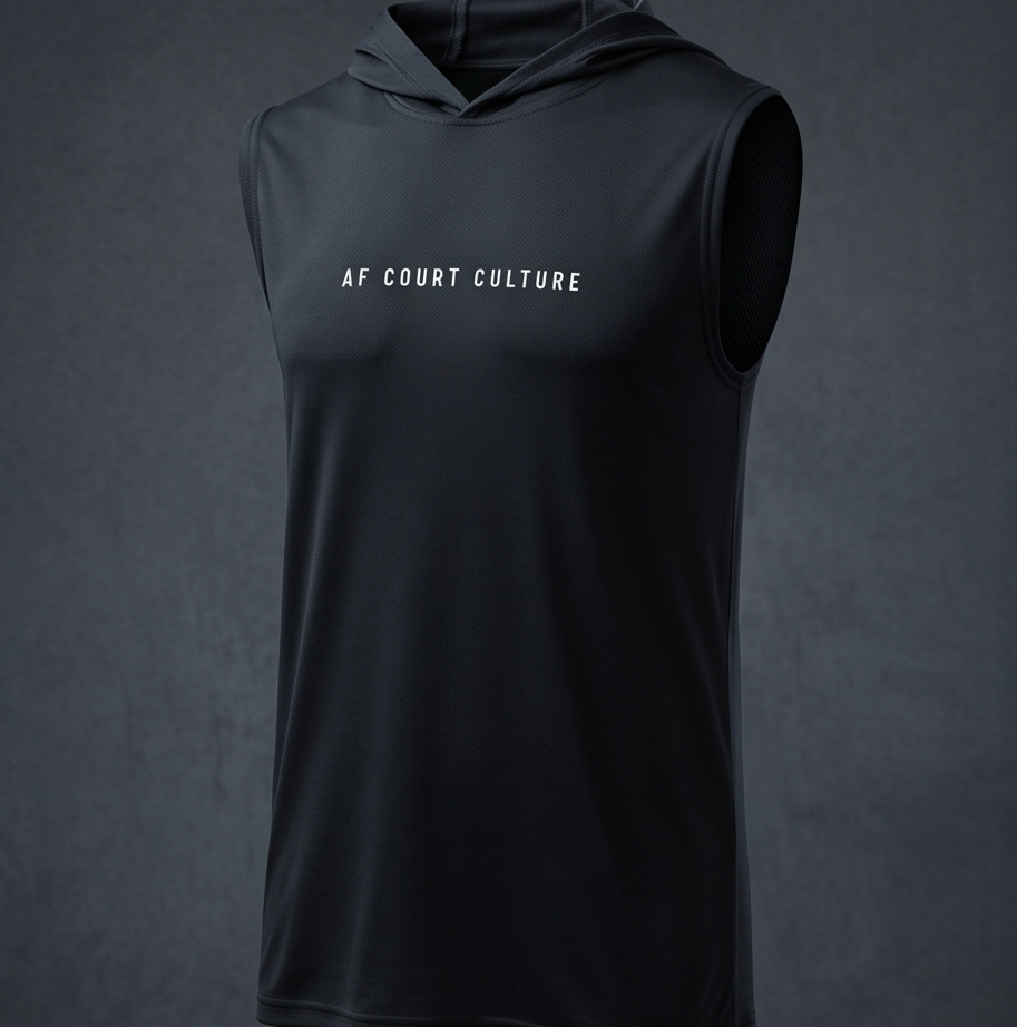 Black sleeveless hoodie with 'AF Court Culture' text on a dark gray background
