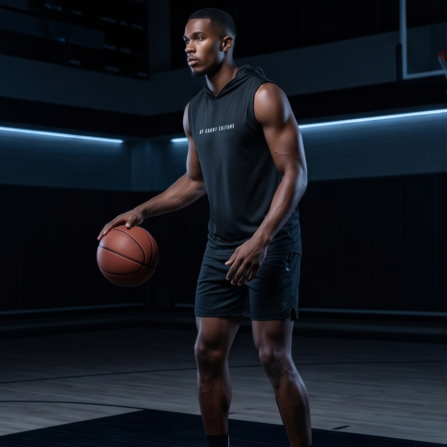 Man holding a basketball in a dark indoor setting