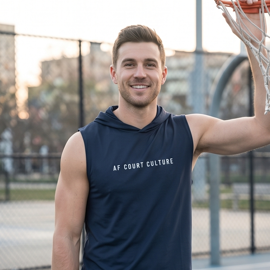Man wearing a navy sleeveless hoodie with 'AF Court Culture' text on an outdoor basketball court.