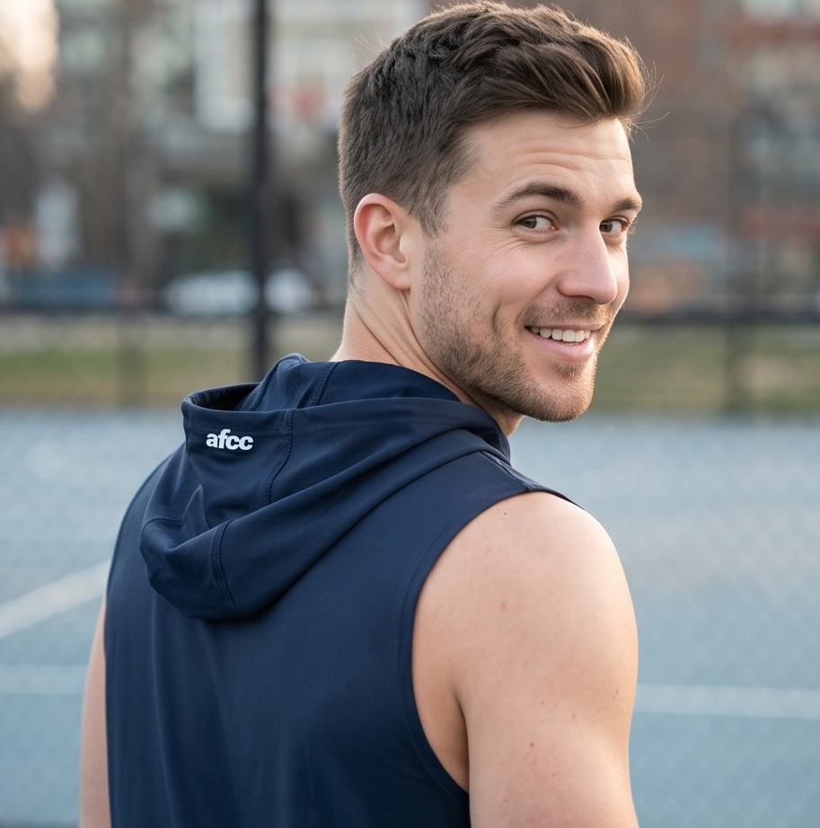 Man wearing a navy sleeveless hoodie with 'afcc' logo on a tennis court