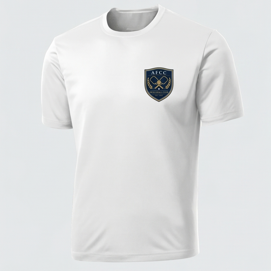 White t-shirt with a logo on the chest against a light gray background