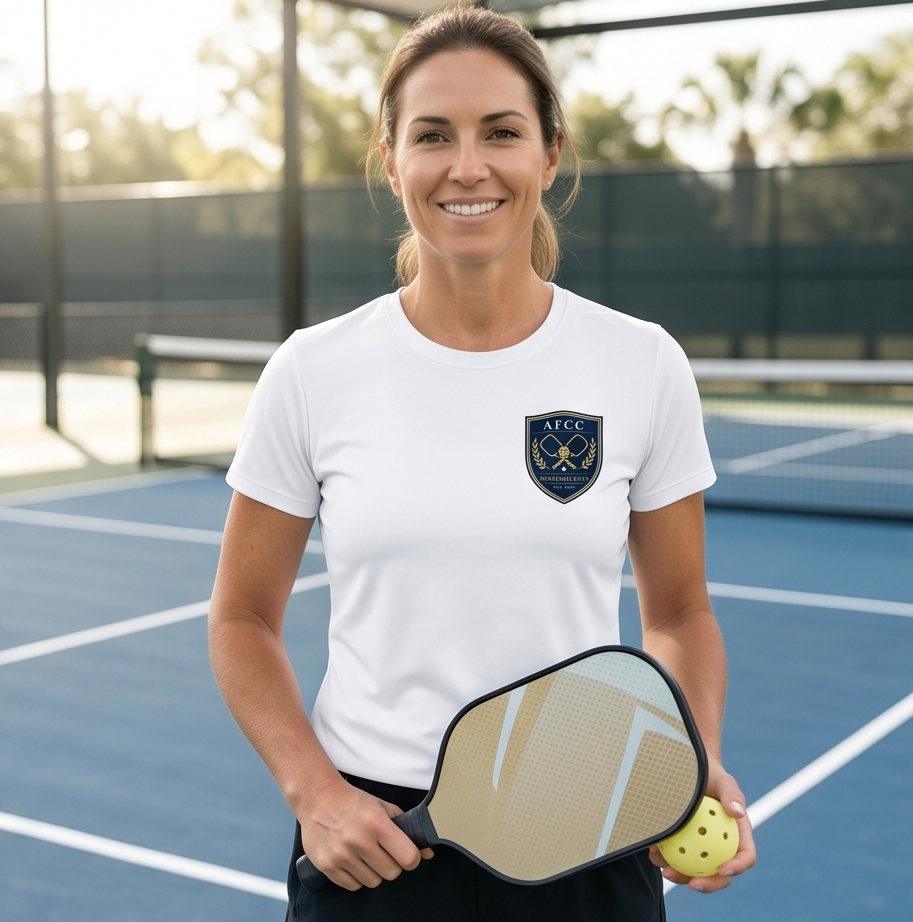 Woman holding a pickleball paddle and ball on a court