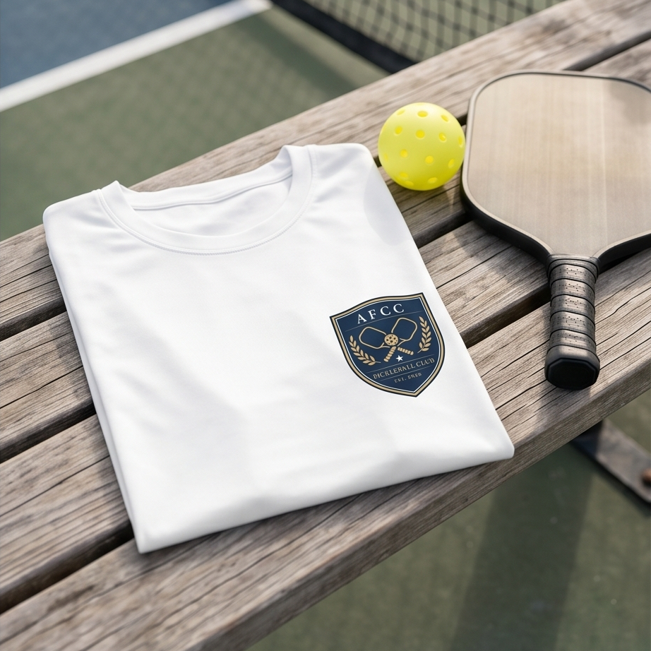 White t-shirt with a logo on a wooden surface next to a yellow ball and paddle, with a pickleball court in the background.