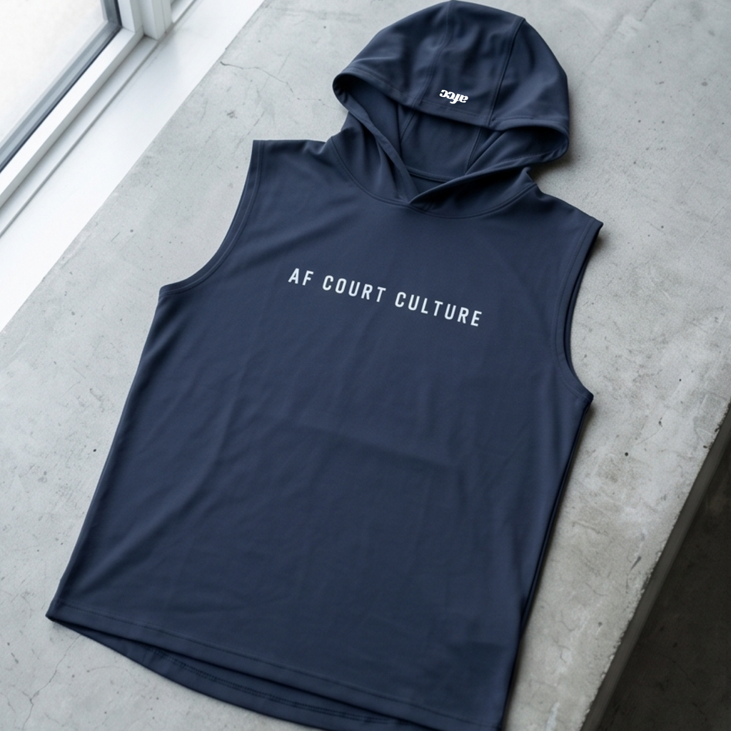 Navy sleeveless hoodie with 'AF Court Culture' text on a concrete surface.