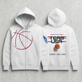 Two white hoodies with sports-themed designs on a gray concrete background