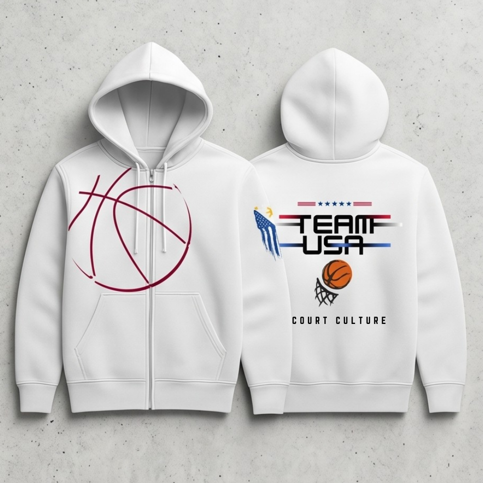Two white hoodies with sports-themed designs on a gray concrete background