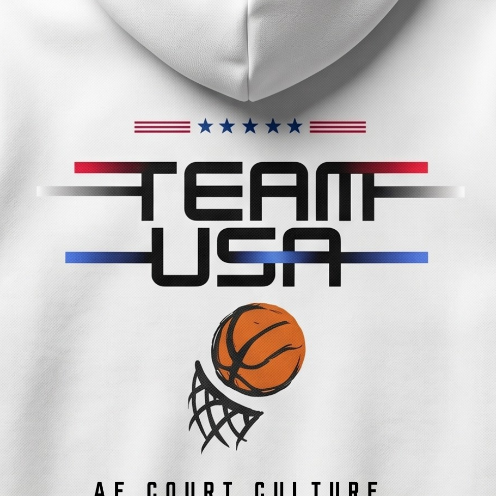 White hoodie with 'Team USA' and basketball design on a white background