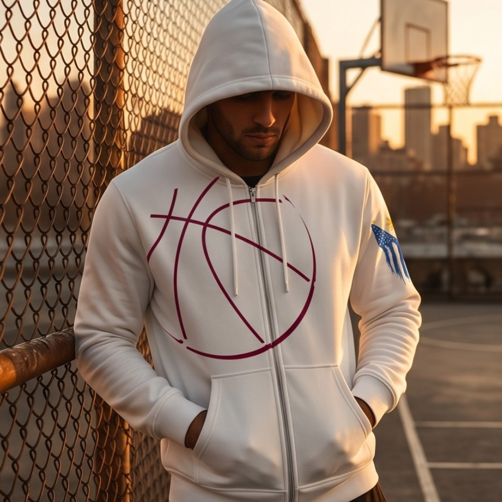 Person wearing a white hoodie with a basketball design on a basketball court at sunset.