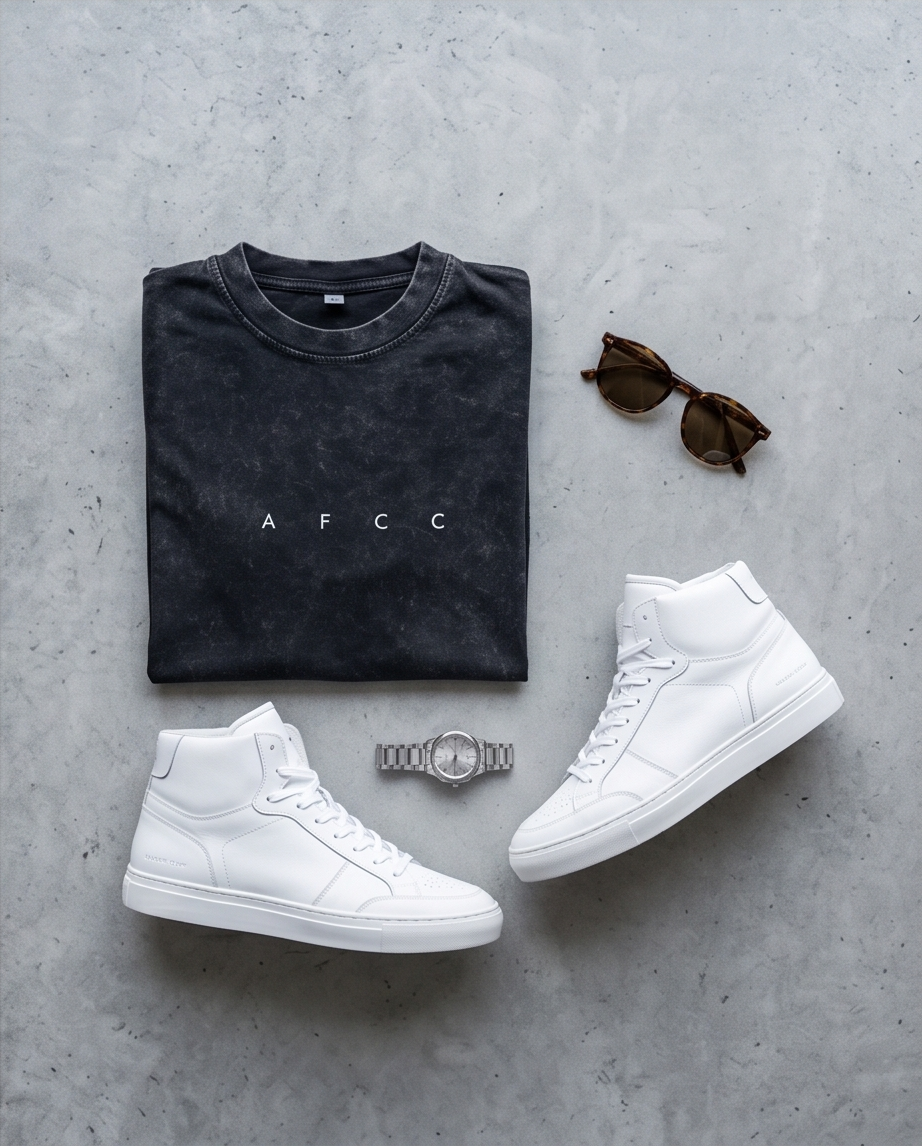 Black t-shirt with 'AFCC' logo, white high-top sneakers, sunglasses, and a watch on a gray surface