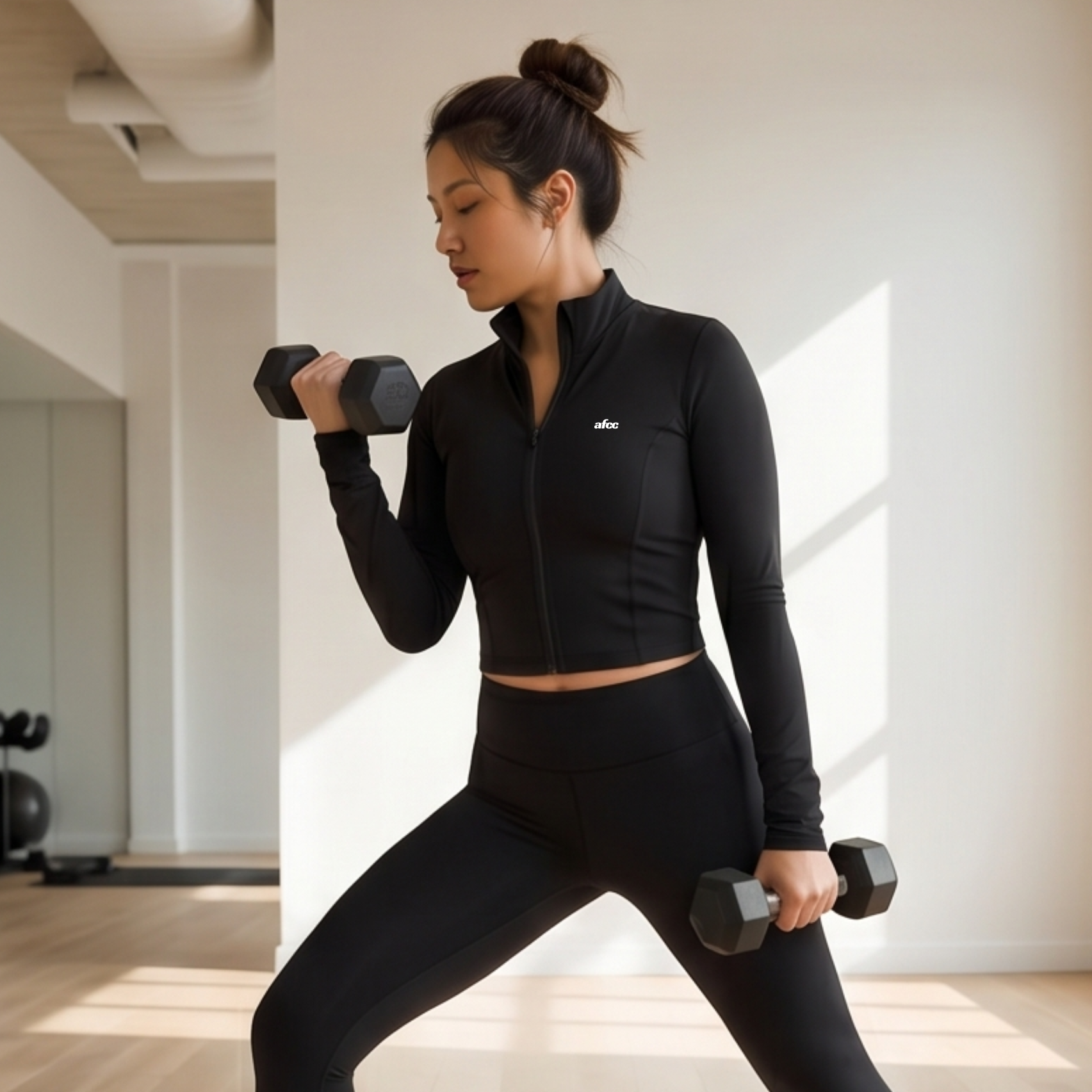 Woman exercising with dumbbells in a well-lit room