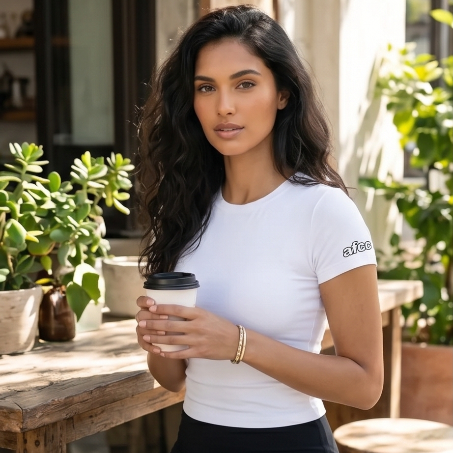 Woman holding a coffee cup outdoors with plants in the background