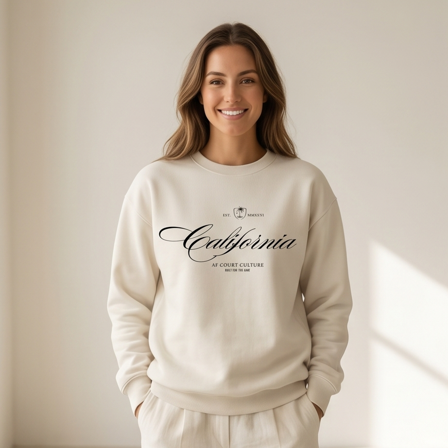Woman wearing a beige sweatshirt with 'California' text in a minimalistic room.