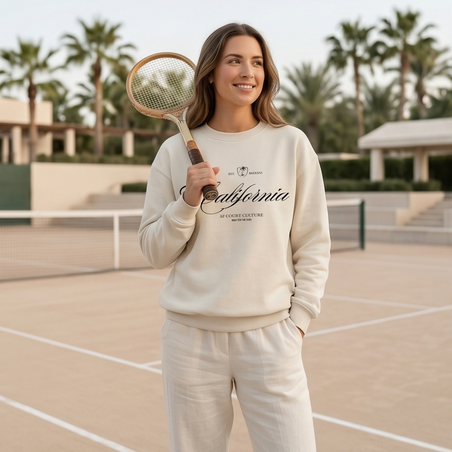 Woman holding a vintage tennis racket on a tennis court with palm trees in the background