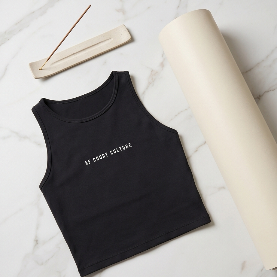 Black tank top with 'Off Court Culture' text on a marble surface with a yoga mat and wooden block.