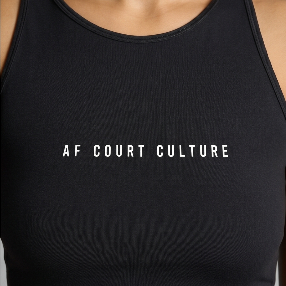 Black tank top with 'AF COURT CULTURE' text on a plain background