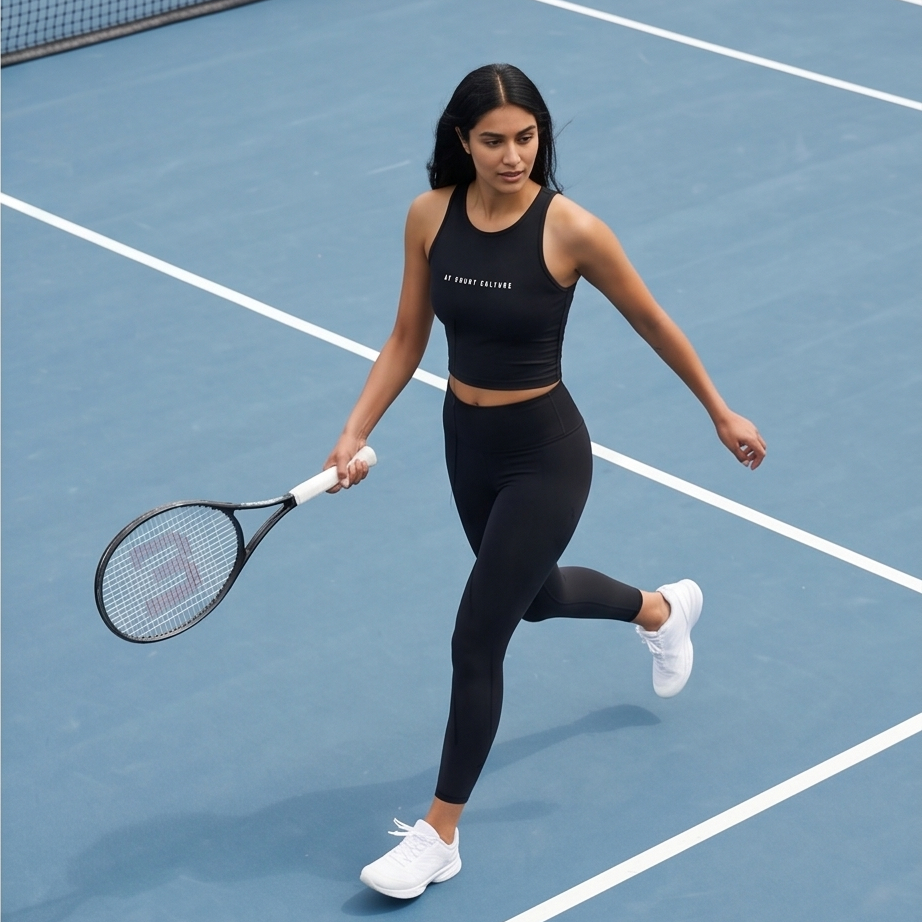 Woman playing tennis on a blue court holding a racket.