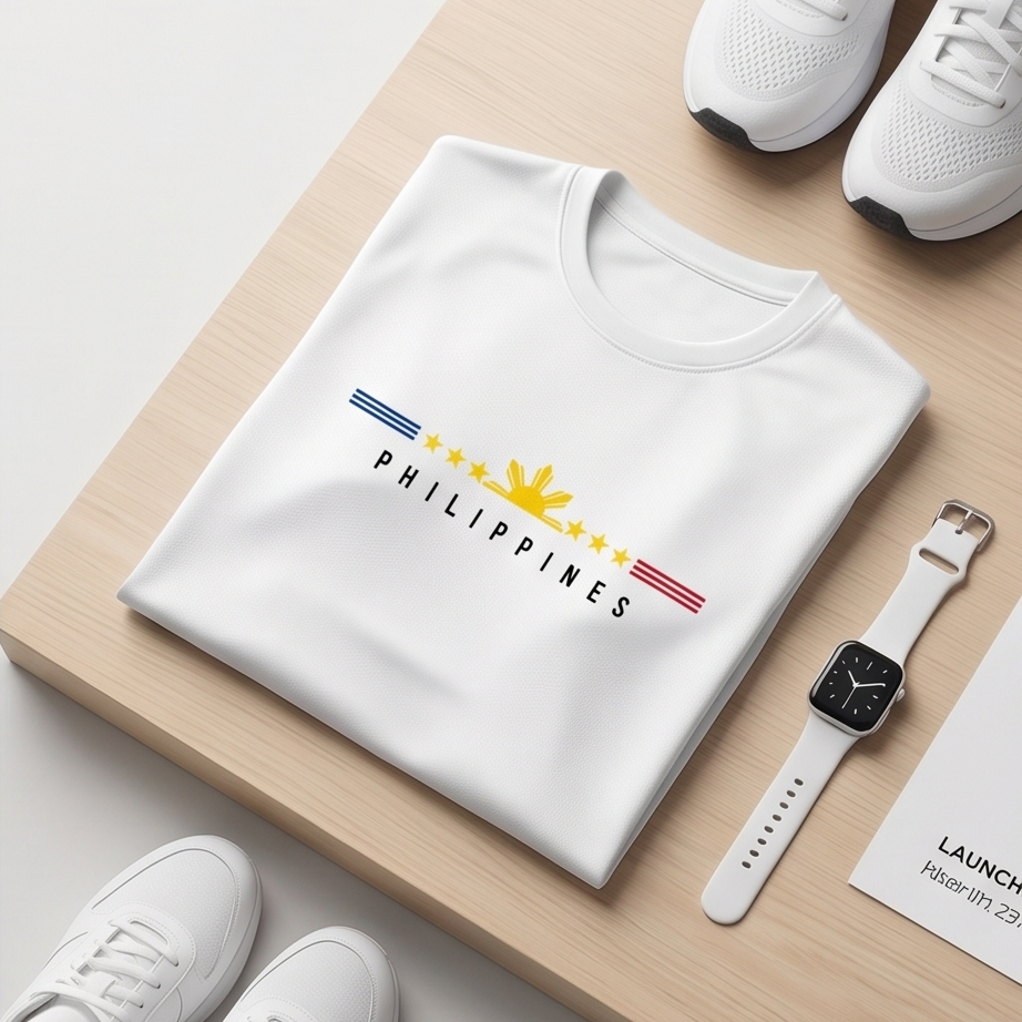 White t-shirt with 'Philippines' design on a wooden surface with white sneakers and a smartwatch.
