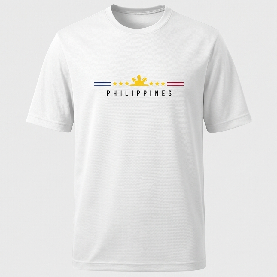 White t-shirt with 'PHILIPPINES' text and design on a light gray background
