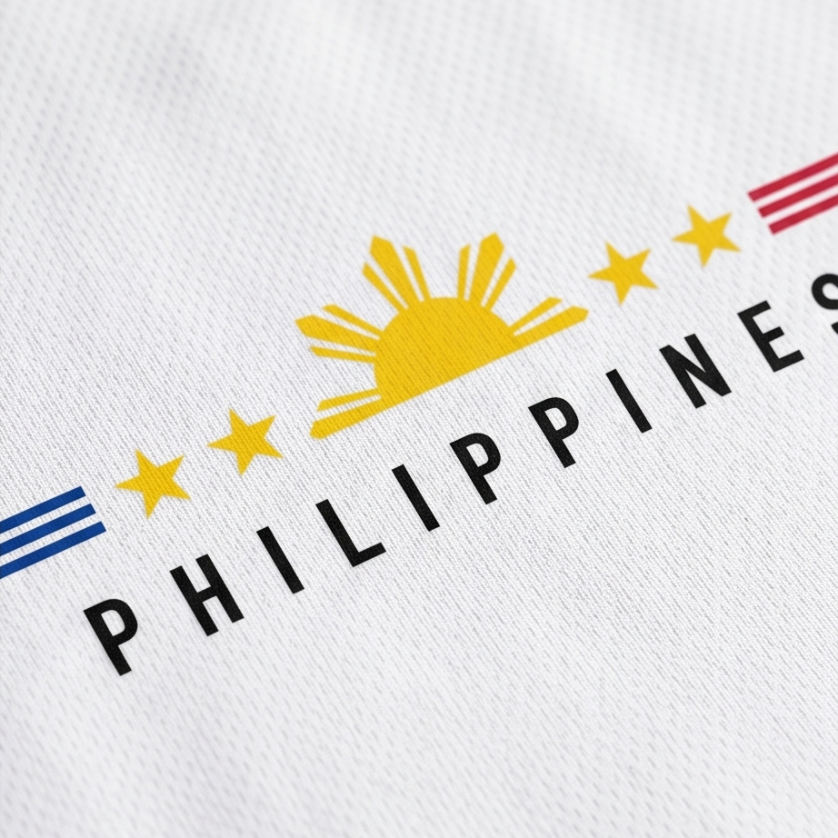 Text 'PHILIPPINES' with a sun and stars design on a white background
