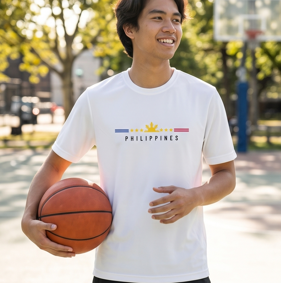Person holding a basketball on an outdoor court wearing a white t-shirt with 'Philippines' text.