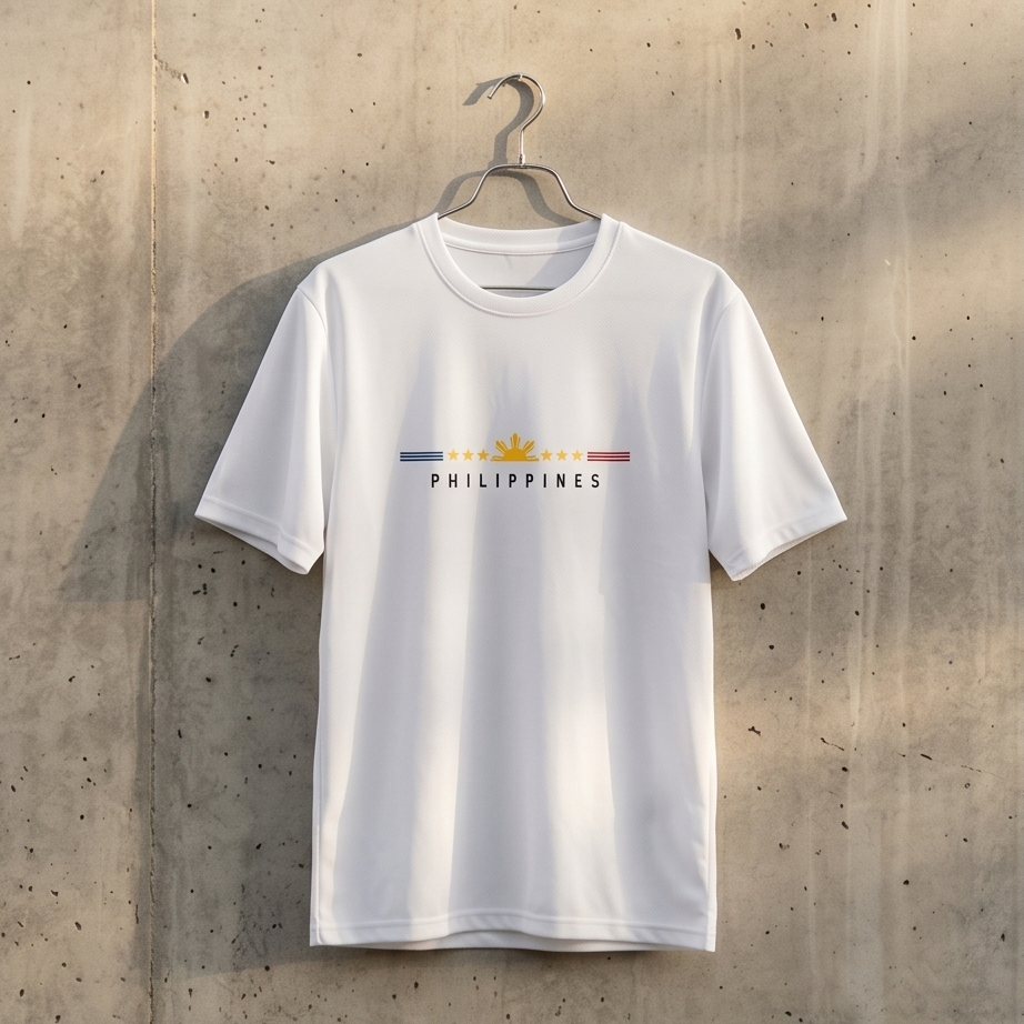 White t-shirt with 'Philippines' text on a concrete wall background
