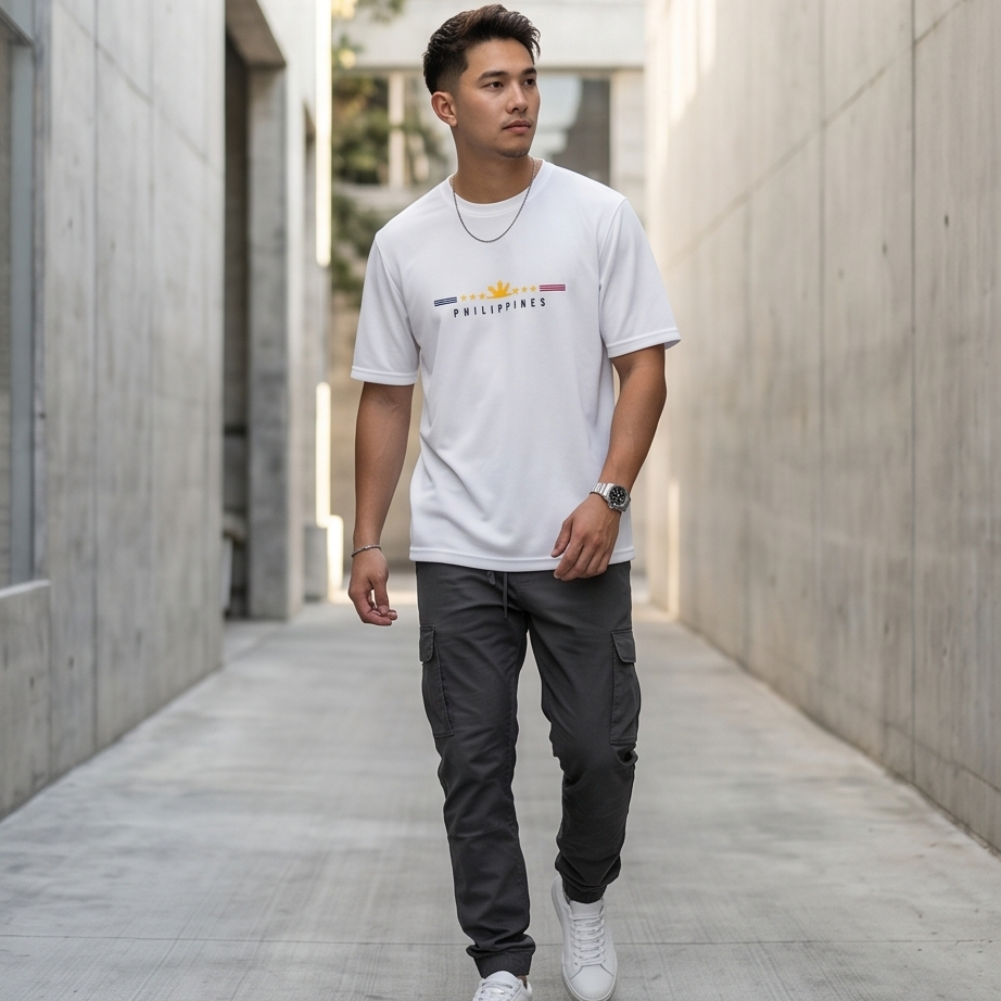 Man walking in a modern architectural setting wearing a white t-shirt and dark pants.