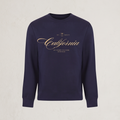 Navy blue sweatshirt with 'California' printed in gold on a light gray background