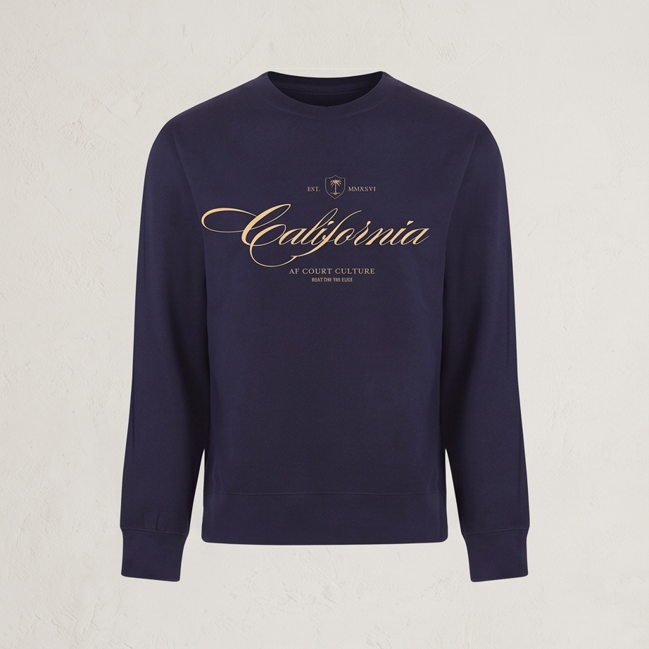 Navy blue sweatshirt with 'California' printed in gold on a light gray background