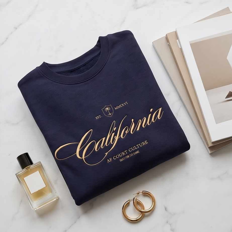 Navy sweatshirt with 'California' text, perfume bottle, and gold earrings on a marble surface