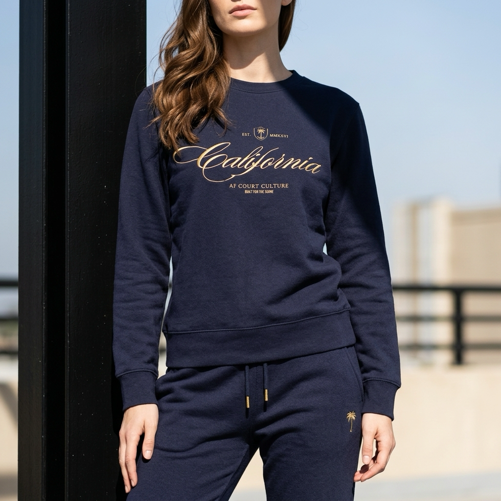 Person wearing a navy blue sweatshirt with 'California' text, standing outdoors.