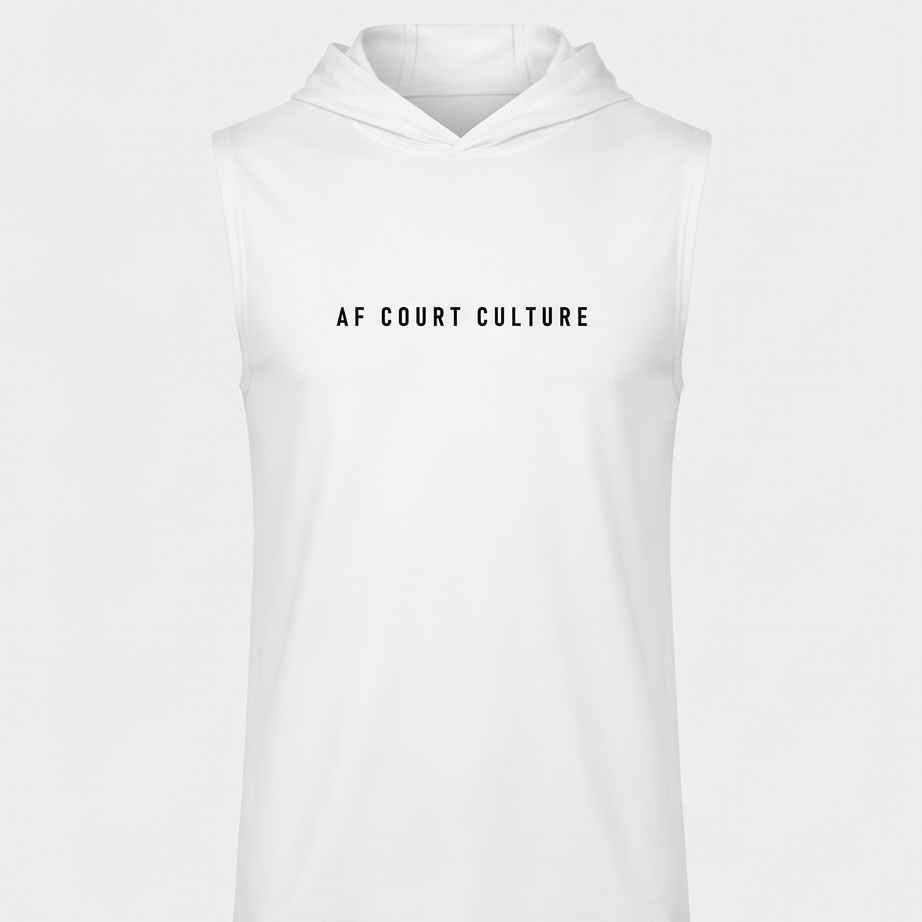 White sleeveless hoodie with 'AF COURT CULTURE' text on a white background