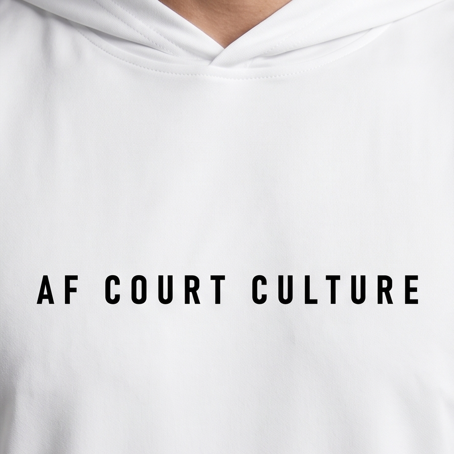 White hoodie with 'AF COURT CULTURE' text on a plain background