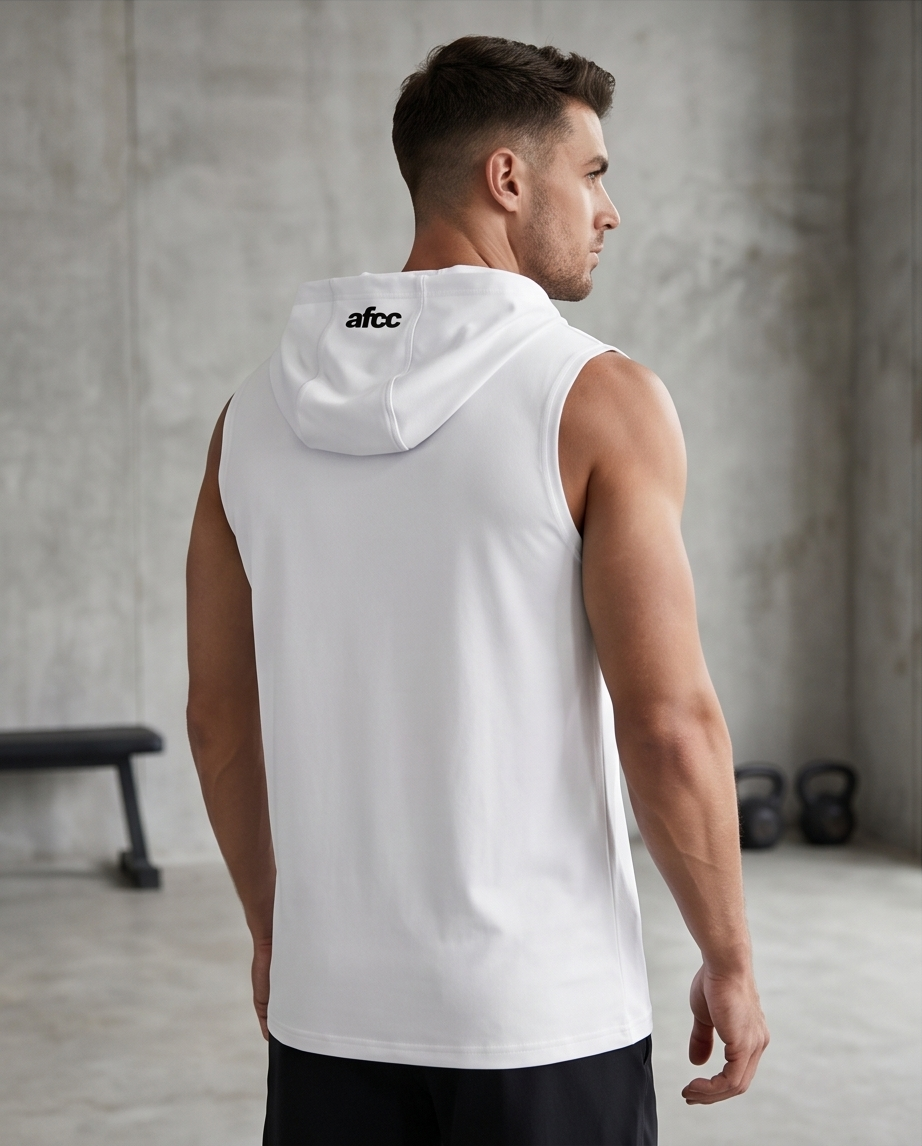 Man wearing a white sleeveless hoodie with 'afcc' logo in a gym setting