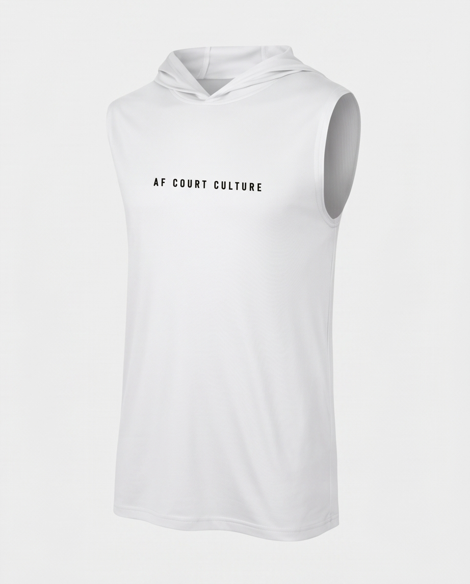 White sleeveless hoodie with 'AF Court Culture' text on a white background