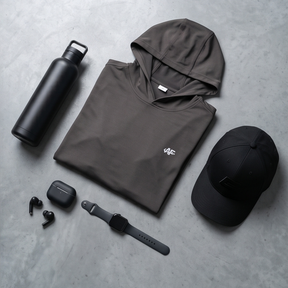 Gray hoodie, black water bottle, cap, earbuds, and smartwatch on a gray surface