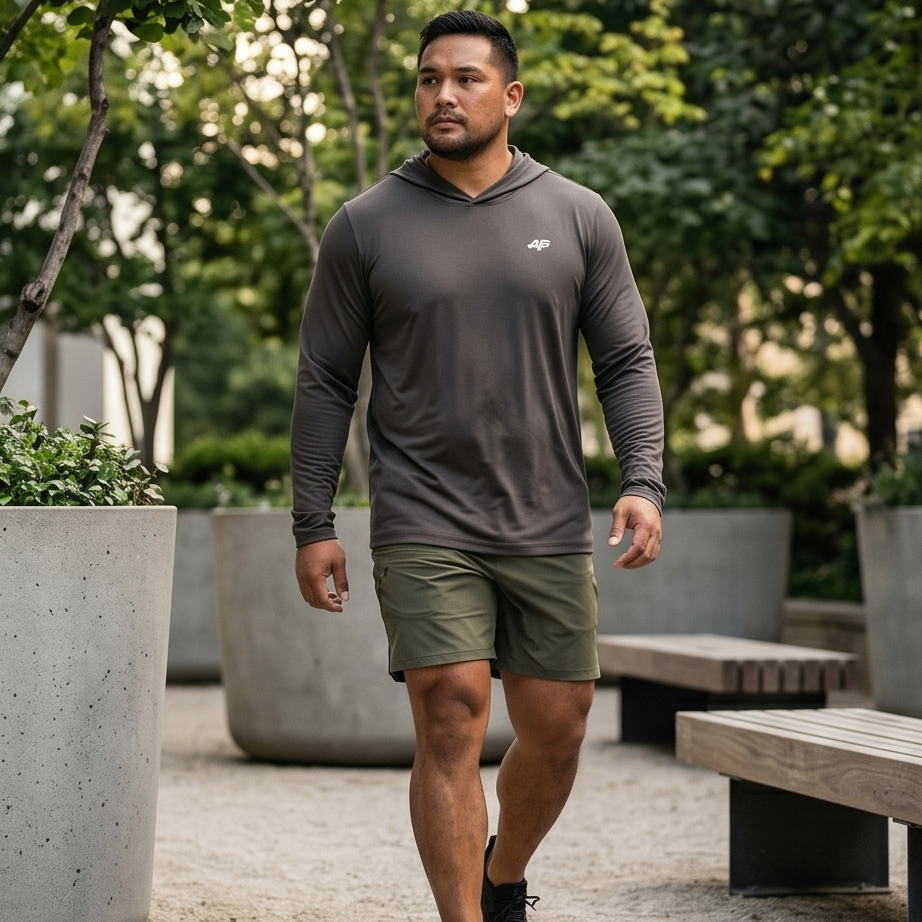 Man walking outdoors wearing a gray hoodie and green shorts.
