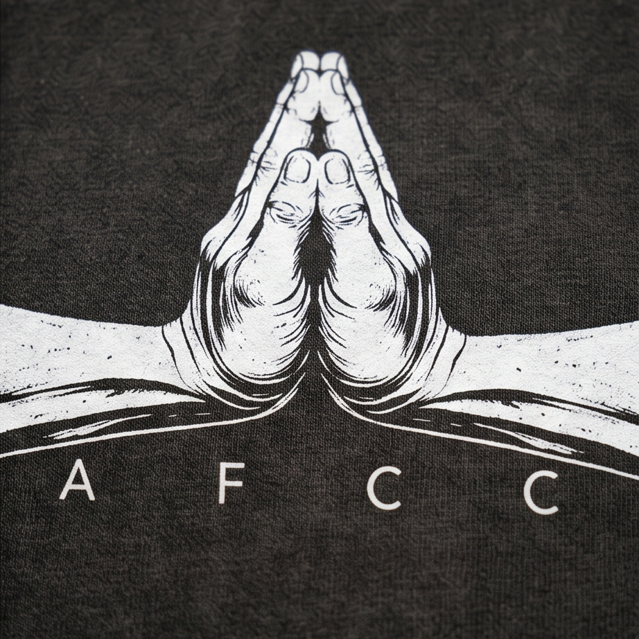 Black t-shirt with white praying hands graphic and 'AFCC' text on a dark background