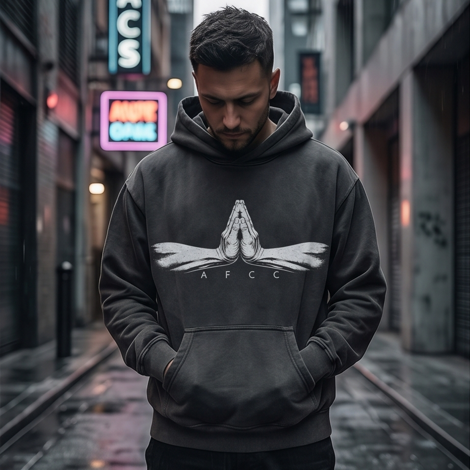 Man wearing a hoodie with a logo on a city street
