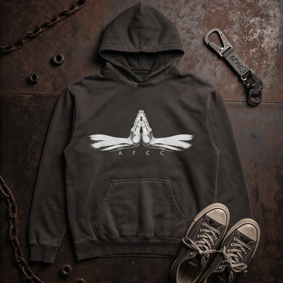 Dark hoodie with a logo and text on a textured surface with shoes and a carabiner.