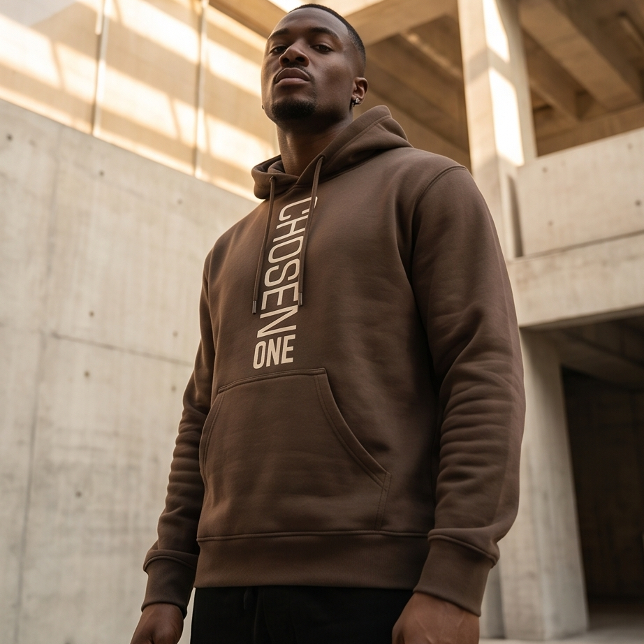 Man wearing a brown hoodie with text standing in an indoor setting.