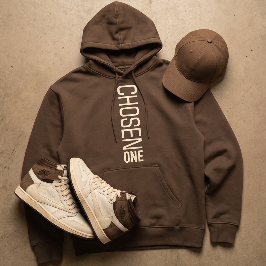 Brown hoodie with 'CHosen One' text, white sneakers, and brown cap on a beige surface